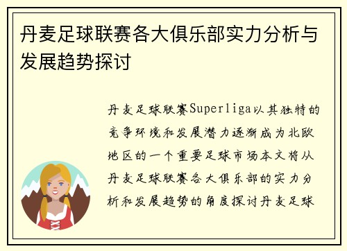 丹麦足球联赛各大俱乐部实力分析与发展趋势探讨