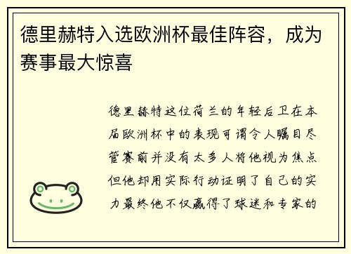 德里赫特入选欧洲杯最佳阵容，成为赛事最大惊喜
