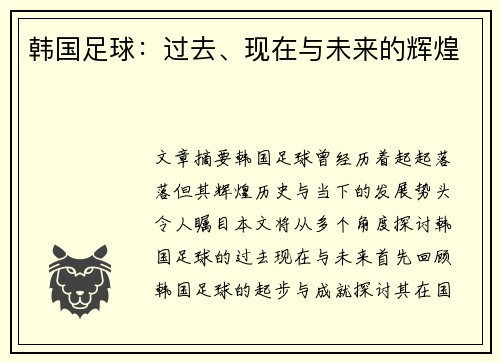 韩国足球：过去、现在与未来的辉煌